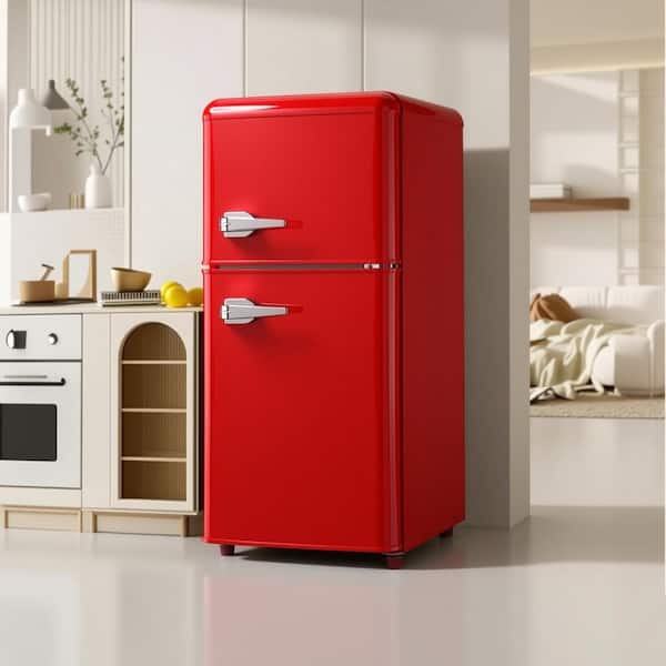 3.5 Cu.Ft.Mini Refrigerator Retro Fridges in Red with Freezer,2 Doors,7Adjustable Level Thermostat,Removable Glass Shelf