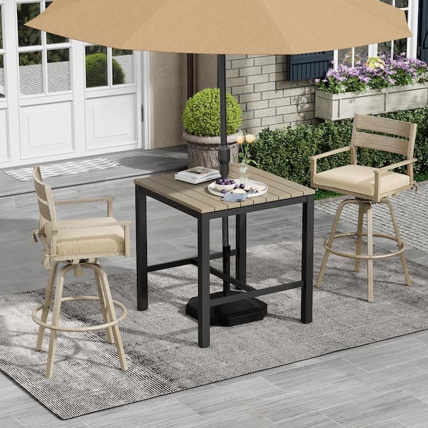 Swivel Aluminum Wood Grain Frame Outdoor Bar Stool with Canvas Antique Beige Sunbrella Cushions (2-Pack)