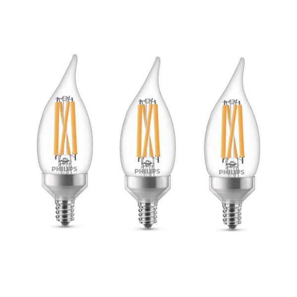 75-Watt Equivalent BA11 Dimmable Warm Dimming Effect LED Candle Light Bulb Bent Tip Soft White (2700K) (3-Pack) 556506 - The Home Depot