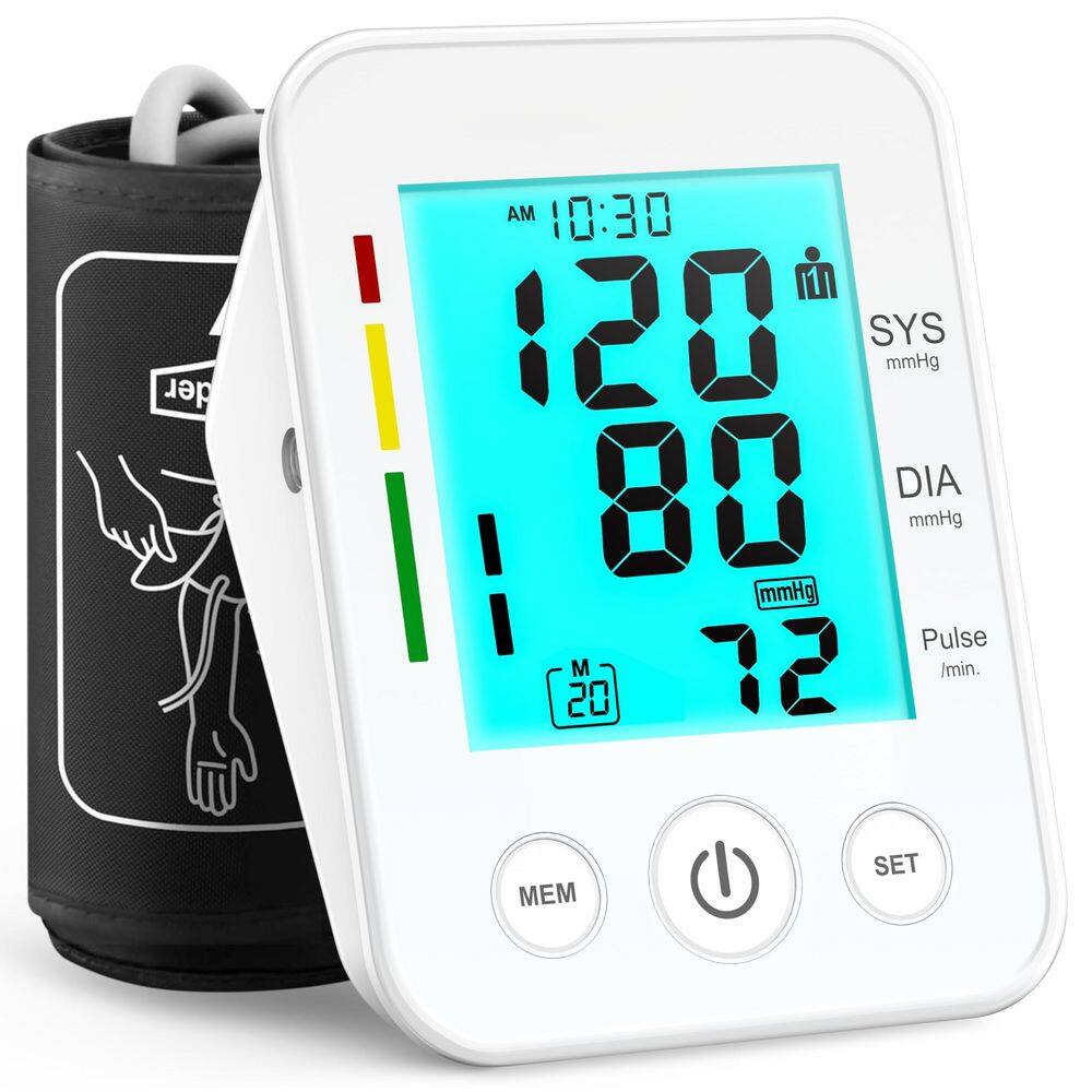Adjustable Upper Arm Blood Pressure Monitor, Blood Pressure Machine with Large LCD Screen, White