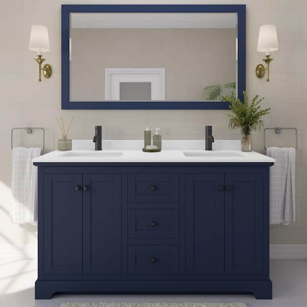 Wyndham Collection Avery 60 in. W x 22 in. D x 35 in. H Double Bath Vanity in Dark Blue with White Quartz Top