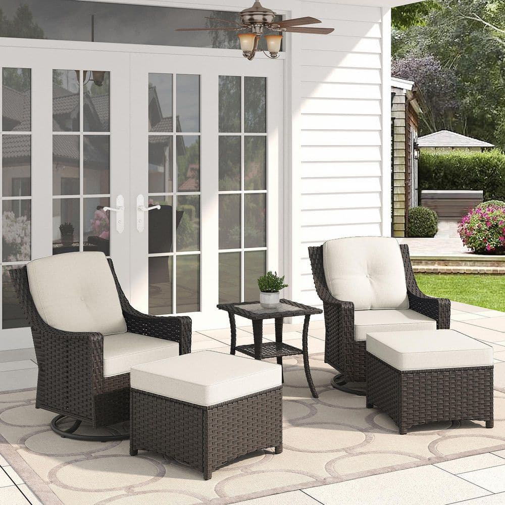 5-Piece Brown Wicker Outdoor Patio Chat Set Swivel Rocking Chairs with Beige Cushions and Ottomans price history on PriceWatchPro