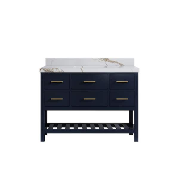 Willow Collections Parker 48 in. Single Sink Freestanding Navy Blue Bath Vanity with Calacatta Gold Quartz Top Unassembled