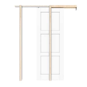 30 in. x 80 in. White Primed 3 Lite MDF Door with Solid Core Pocket Sliding Door Frame with Hardware and Soft Close