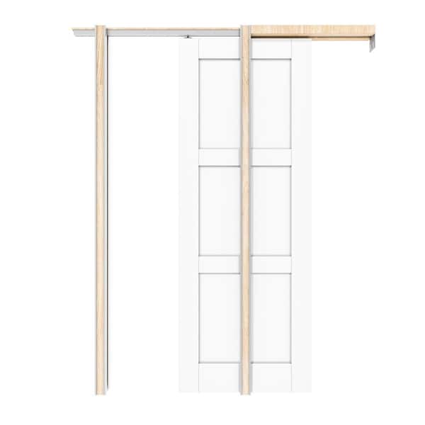 ARK DESIGN 30 in. x 80 in. White Primed 3-Lite MDF Door with Solid Core Wood Pocket Door Frame with Hardware and Soft Close