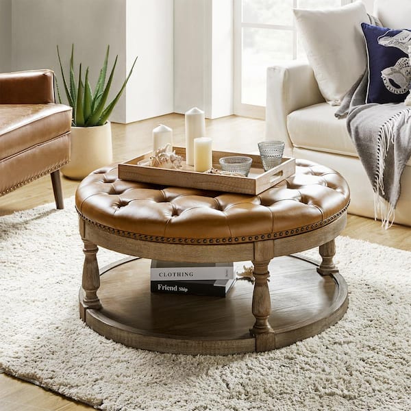 Chloe Camel 35.5 in. Wide Vegan Leather Tufted Transitional Square Coffee Table Ottoman with Solid Wood Legs