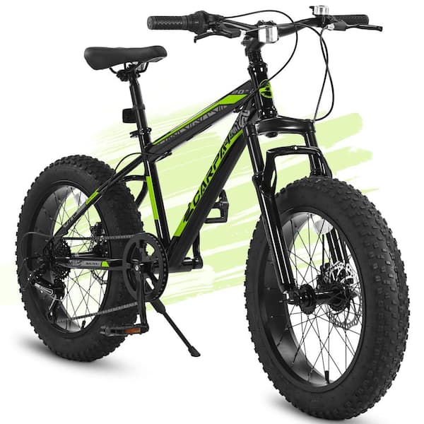 20 Inch Steel Frame 7-Speed Mountain Bike in Green for Kids, Durable Wide Tires, Front Suspension
