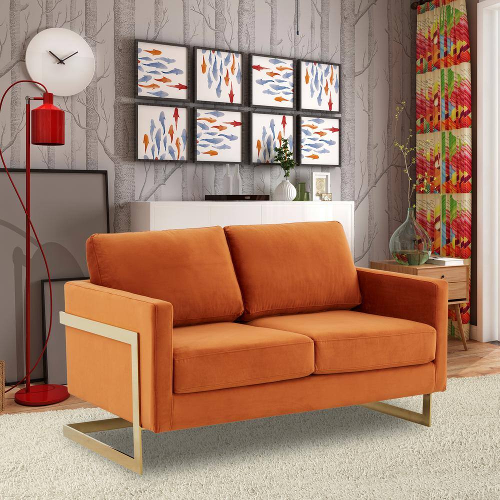 Elegant Orange Velvet Loveseat with Gold Metal Legs