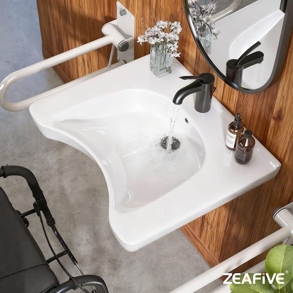 25.5 in. L x 21.8 W x 5.3 D U-shaped ADA Wall-Mounted Bathroom Sink Wheelchair Accessible Ceramic Basin with Overflow