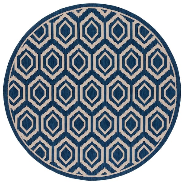 SAFAVIEH Courtyard Navy/Beige 5 ft. x 5 ft. Kilim Tribal Indoor/Outdoor Round Area Rug