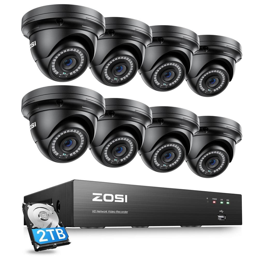 8-Channel 5MP POE 2TB NVR Security Camera System with 8-Wired Outdoor Black Dome Cameras, Person/Vehicle Detection -  ZOSI, 8HN-4295B8-20