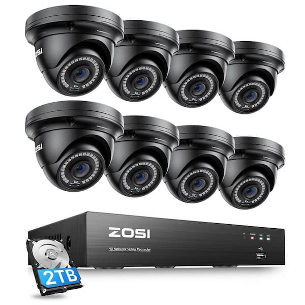 ZOSI 8-Channel 5MP POE 2TB NVR Security Camera System with 8-Wired Outdoor Black Dome Cameras, Person/Vehicle Detection