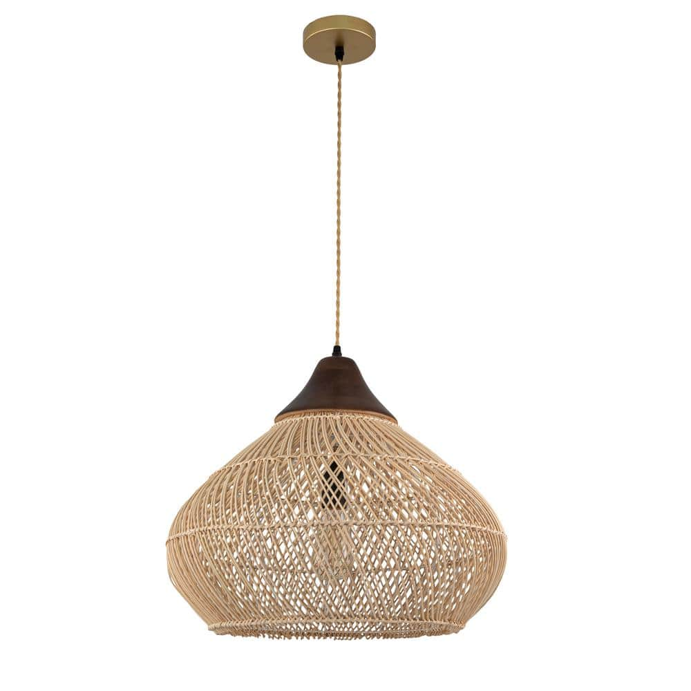 ELE Light & Decor Zula 60-Watt 1-Light Coastal Large Rattan Pendant Light in Brass Rustic Wood Accent Ceiling Light