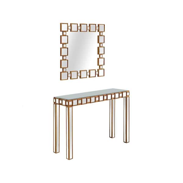 Camden Isle Orion 43.25 in. Antique Gold Rectangle Glass Console Table with Wall Mirror