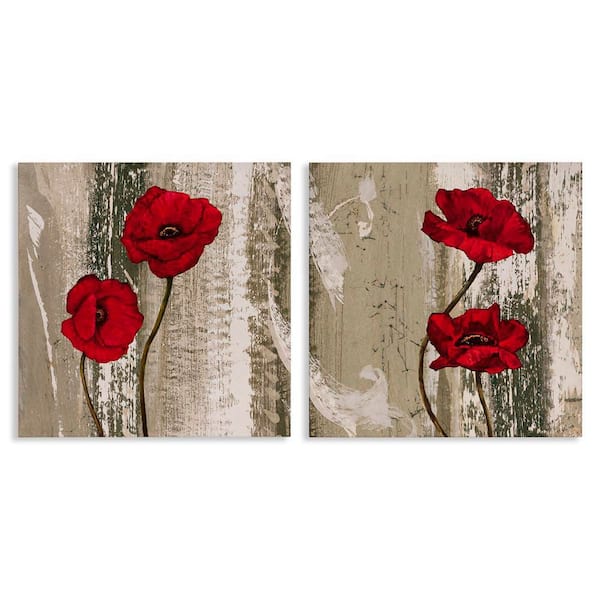 Stupell Industries Bright Red Blooms on Rustic by Brian Foster 2-Pieces Unframed Nature Graphic Art Print 24 in. x 24 in.
