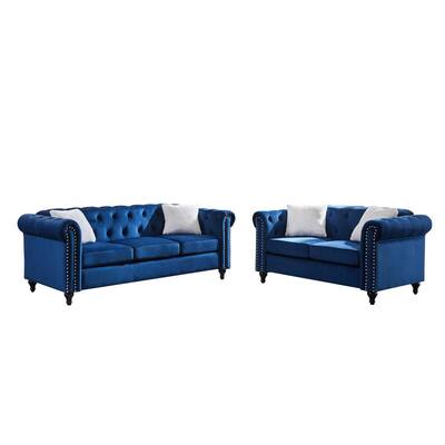 82.5/60 Inches Velvet Upholstered Flared Arms Straight 2-Pieces Living Room Suites in Blue Velvet with Nailhead Trim