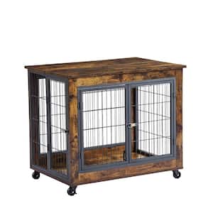Furniture Style Dog Crate Side Table on Wheels with Double Doors and Lift Top in Rustic Brown