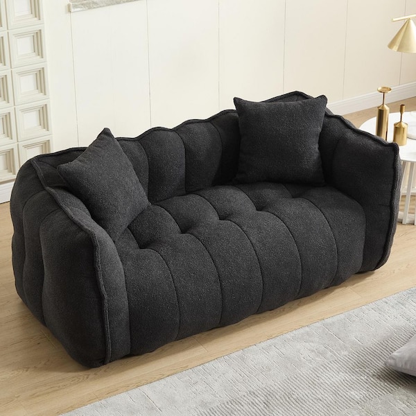 66 in. Modern Black Chenille Polyester 2-Seat Square Bean Bag Couch with 2 Pillows