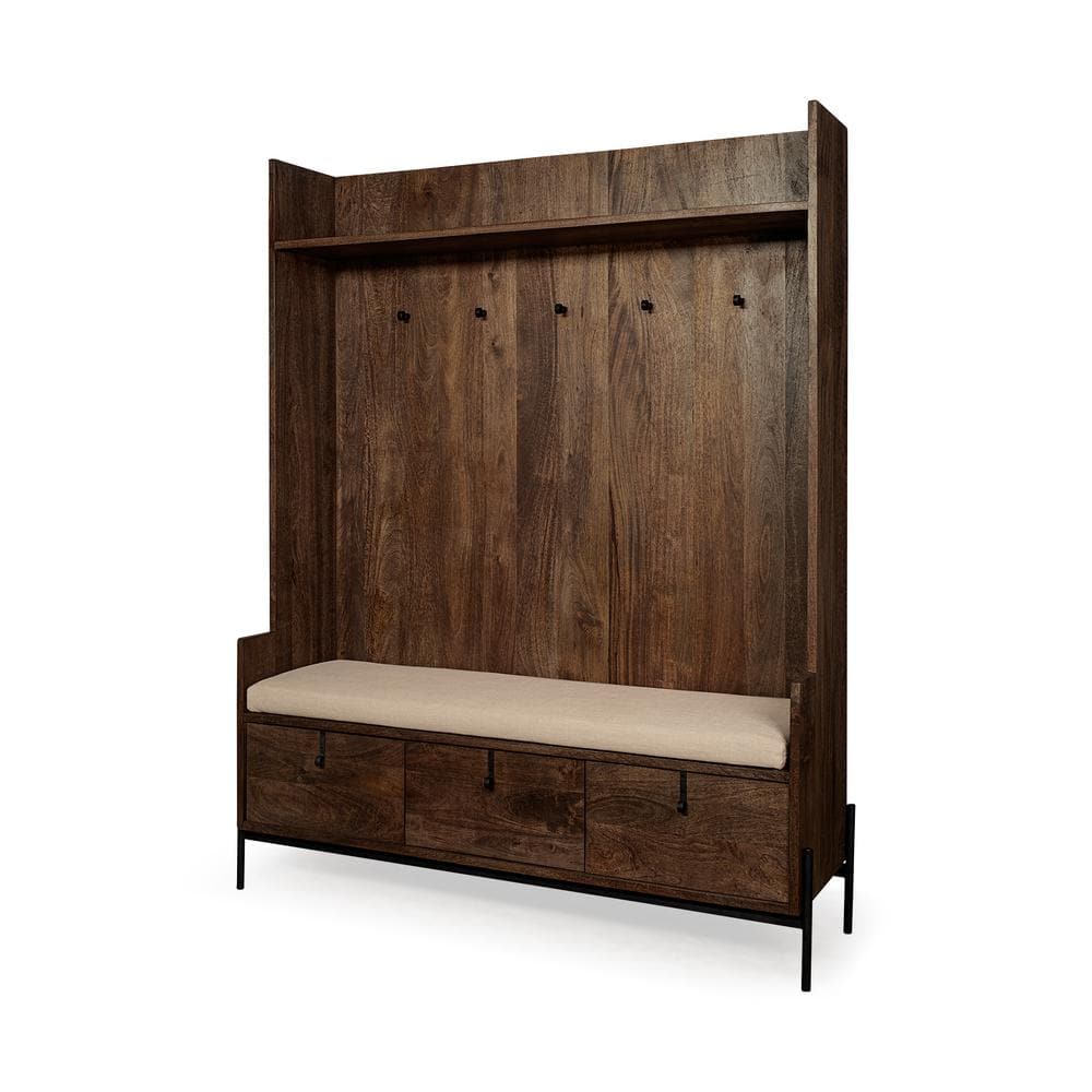 Glenn V Dark Brown Mango Wood Hall Tree with Storage and Cream Fabric Seat