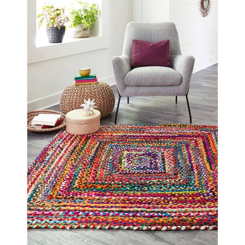 Handmade Braided Chindi 10' Square Cotton Area Rug in Colorful