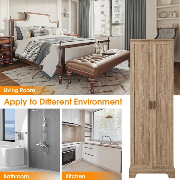 71.2 in. H Brown Floating Bathroom Wood Storage Cabinet with Adjustable Shelf and 2-Doors for Bathroom, Office
