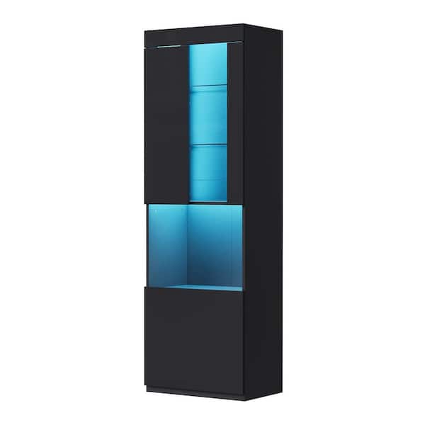 21.6 in. W x 13.7 in. D x 68.1 in. H Black Tall Bathroom Linen Cabinet with LED Lights Open Countertop and Glass Shelves