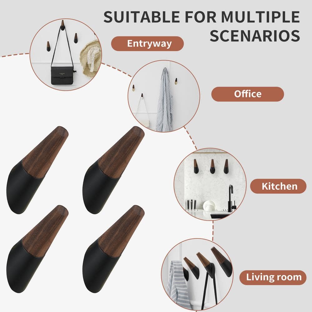Black and Walnut Wall Mounted Towel Hooks Set