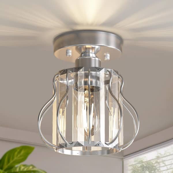 7 in. 1-Light Nickel Pear Crystal Mini Ceiling Light, Round Clear Shade Flush Mount Chandelier for Entryway, Hallway
