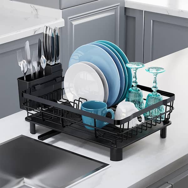 Compact Matte Black Kitchen Dish Rack with Drainboard Dish Rack, Cutlery Holder and Drip Tray