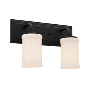 Vetivene 15.25 in. 2-Light Textured Black Vintage Bathroom Vanity Light with Opal Glass Shades