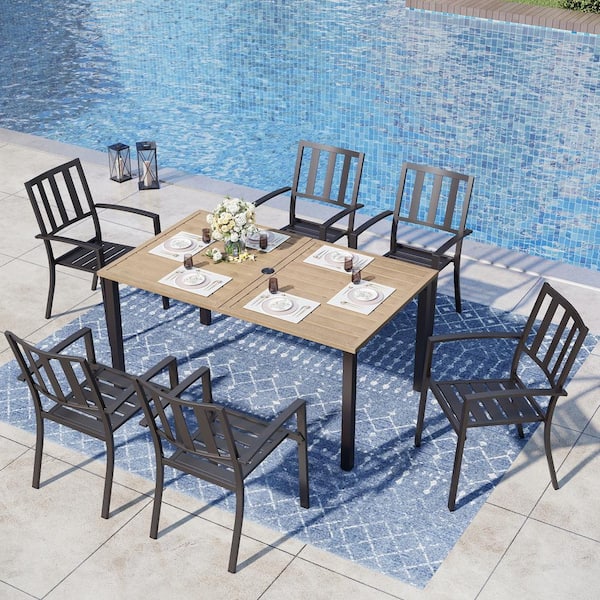 PHI VILLA 7-Piece Metal Outdoor Patio Dining Set with Brown Rectangular Slat Table-Top and Modern Stackable Chairs