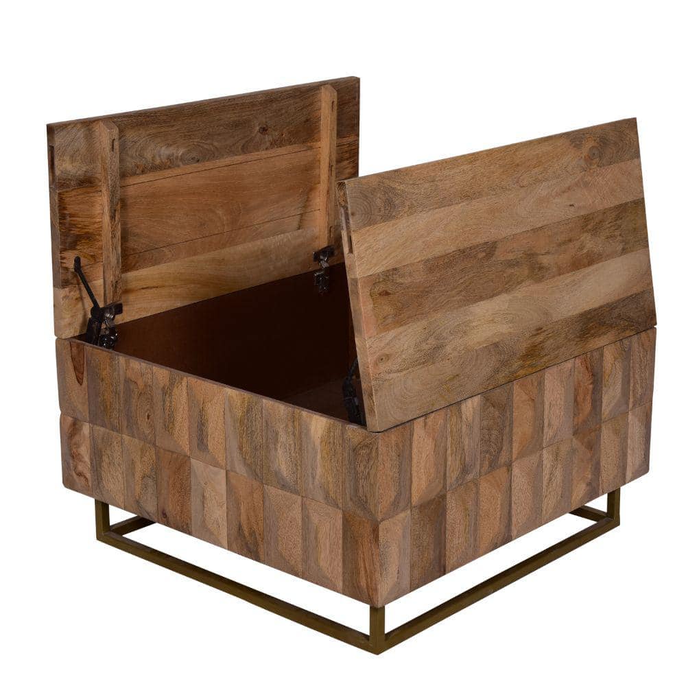 Farmhouse Chic 33" Mango Wood & Brass Lift-Top Storage Trunk Coffee Table