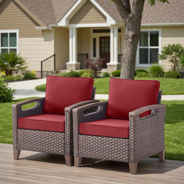 Bellefurn Concave 2-Piece Brown Wicker Outdoor Lounge Chair Seating Set with Deep Red Cushion Patio Arm Chair