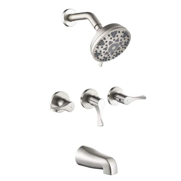 AIMADI Triple Handle 6-Spray Wall Mount Tub and Shower Faucet 1.8 GPM 5 Inch Shower System in Brushed Nickel Valve Included