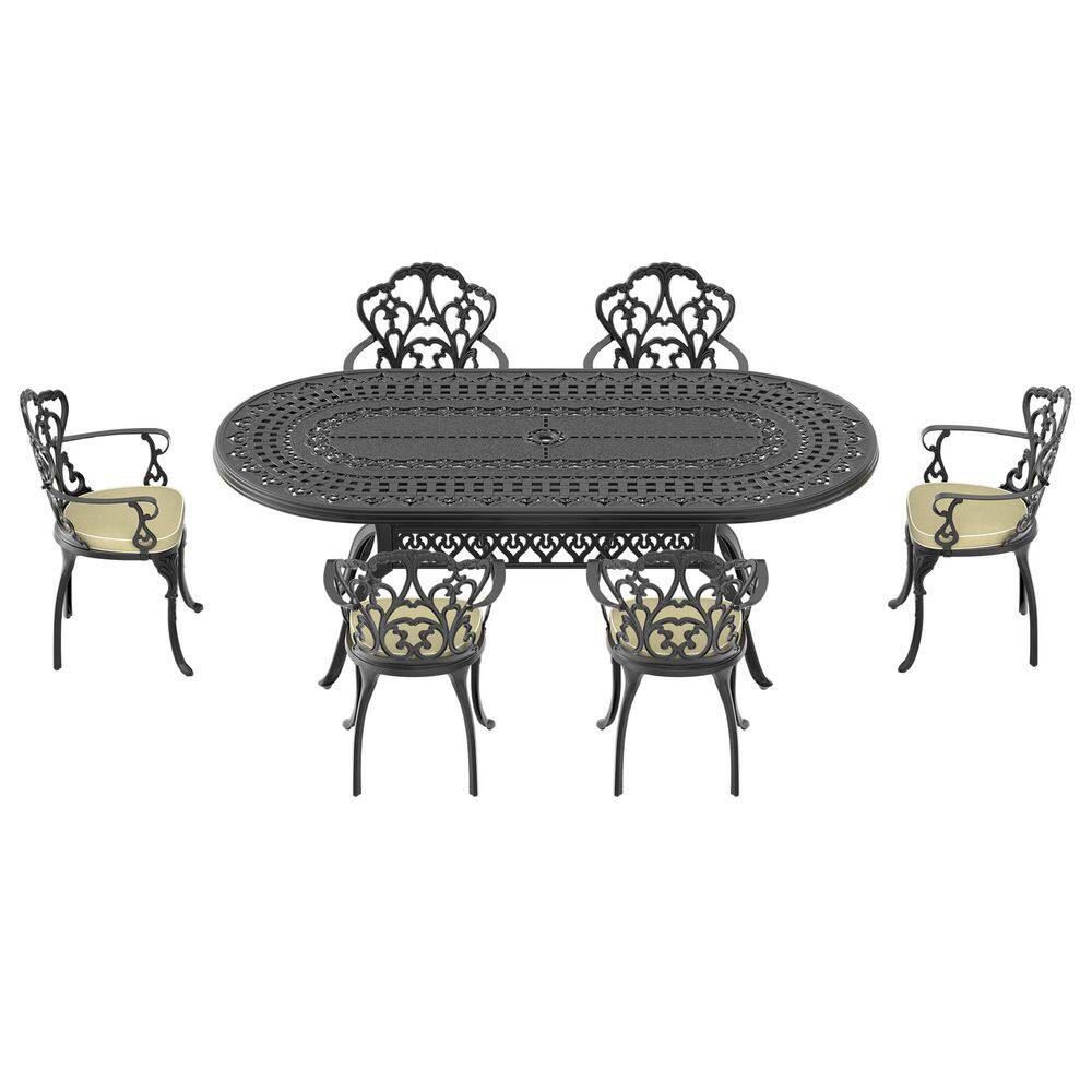 7-Piece Black Cast Aluminum Patio Outdoor Dining Set with Oval Table and 6 Chairs with Beige Cushions price history on PriceWatchPro