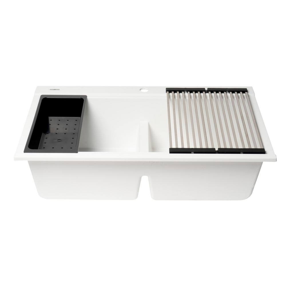 34'' White Granite Composite Double Bowl Drop-In Kitchen Sink