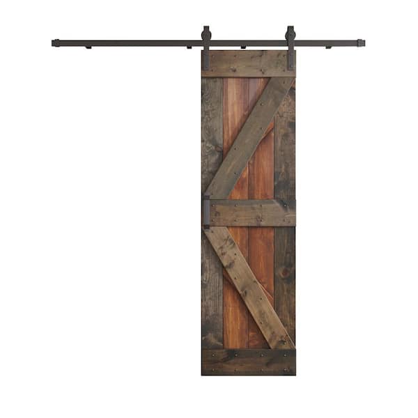 K Series 24 in. x 84 in. Dark Walnut/Aged Barrel Knotty Pine Wood Sliding Barn Door with Hardware Kit