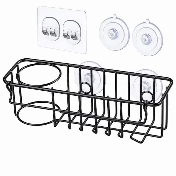304 Stainless Steel Sponge Holder with Suction Cups and Adhesive Hook for Kitchen Sink Organization (Black)