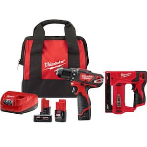 M12 12-Volt Lithium-Ion Cordless 3/8 in. Drill/Driver Kit with M12 3/8 in. Crown Stapler and 6.0Ah Battery Pack