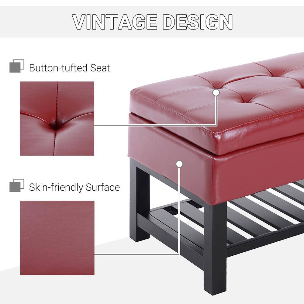 Elegant Crimson Red Faux Leather Ottoman Storage Bench with Shoe Rack