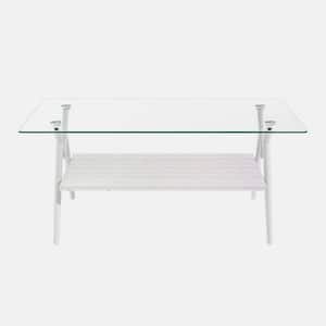 38.6 in. Transparent Rectangle Tempered Glass Top Coffee Table with White Metal Legs
