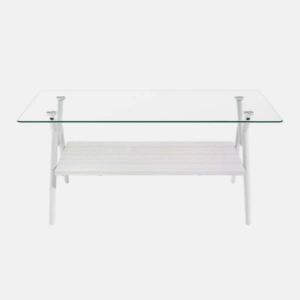 wetiny 38.6 in. Transparent Rectangle Tempered Glass Top Coffee Table with White Metal Legs