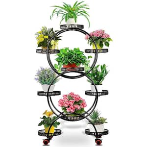 Tree of Life Dia 11 Black Iron Plant Stand with Wheels Planter Stand Outdoor Indoor Plant Caddy Flower Pot Holder 