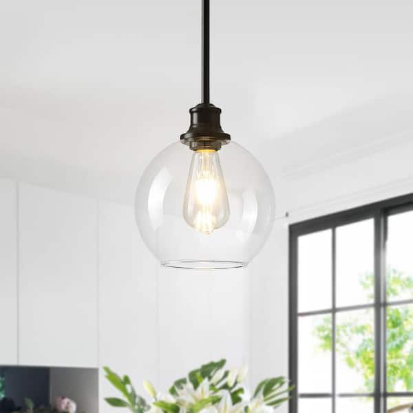 1-Light Black Pendant Light with Clear Globe Glass Shade, Adjustable Rod Hanging Fixture for Kitchen Island, Dining Room