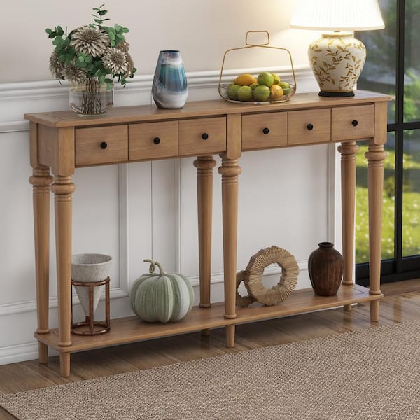 Qualler 59.8 in. Old Pine Rectangle MDF Console Table with 4-Drawers and Open Shelf