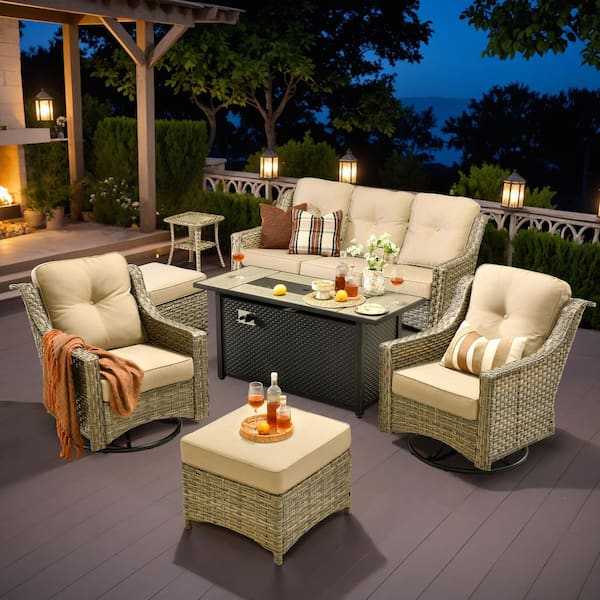 Harpera 7-Piece Wicker Outdoor Patio Sofa Seating Set with Swivel Rocker, Beige Cushions, Metal Fire Pit
