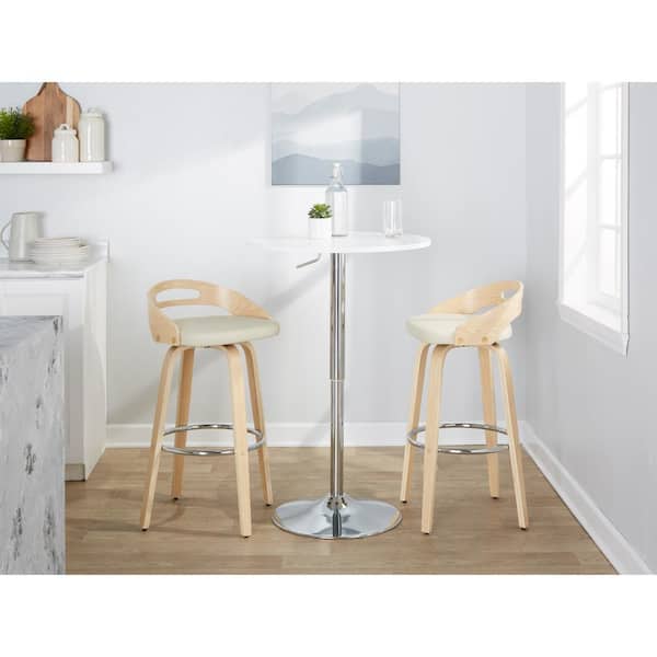 Lumisource Cassis 29.5 in. Cream Faux Leather, Natural Wood and Chrome Metal Fixed-Height Bar Stool (Set of 2)