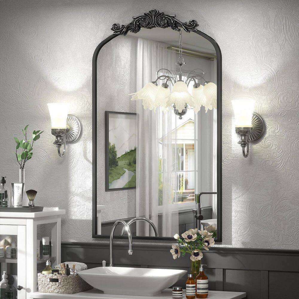 24 in. W x 40 in. H Arch Aluminum Alloy Framed French Cleat Mounted Baroque Wall Decor Bathroom Vanity Mirror in Black price history on PriceWatchPro