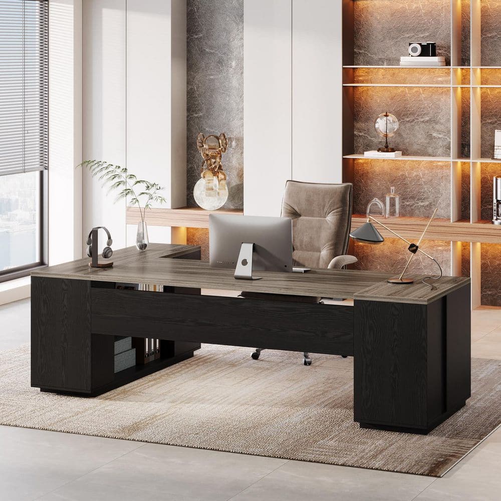 Capen 86 in. Gray & Black Super Spacious L-Shaped Executive Desk, Business Professional Desk with Drawers and Cabinet