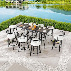 11-Piece Metal Bar Height Outdoor Dining Set with Beige Cushions